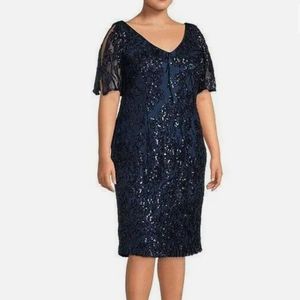 Alex Evenings Plus Size Navy V-neck Sequin Flutter Sleeve Sheath Dress